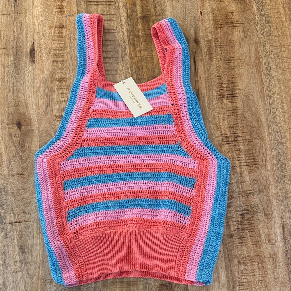Ramy Brook Coral Pink and Blue Striped Crochet Tank